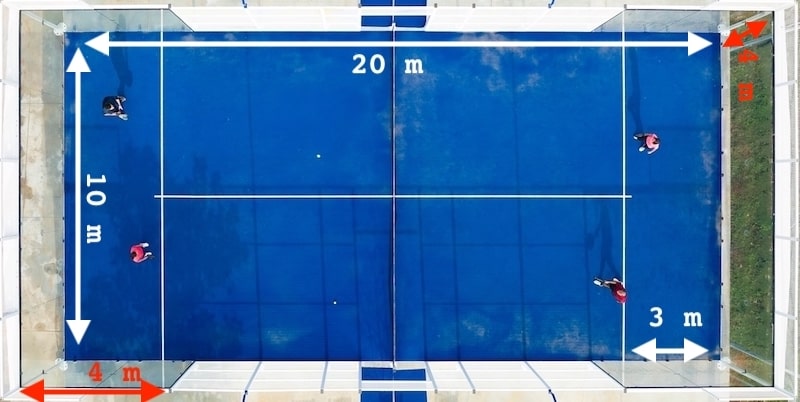 A paddle tennis court measures twenty meters long by ten meters wide.