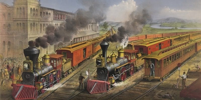 An illustration shows the arrival and departure of trains in the late nineteenth century.