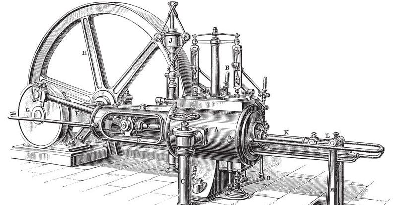 An illustration shows the operation of a steam engine used in industry.