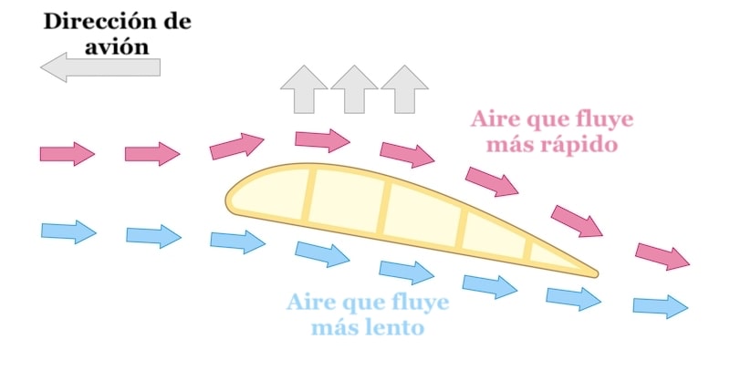 A diagram shows that the aerodynamic design of wings allows airplanes to fly.