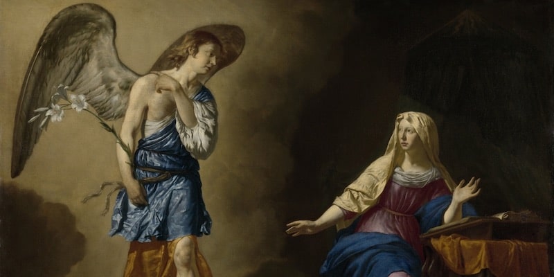 A painting by Adriaen van de Velde portrays the moment when Mary is visited by the archangel Gabriel.