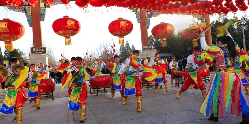 Traditional artists perform a show on the first day of the year.