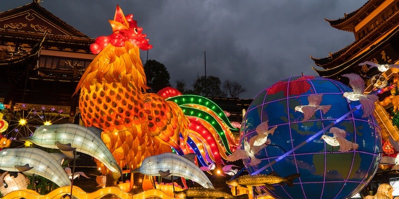 A large rooster decorates the street in celebration of the beginning of the year of the rooster.