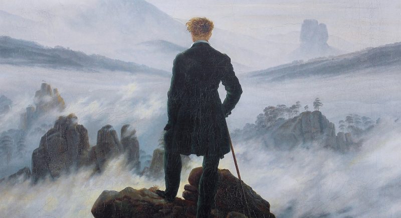 Painting of a man observing the landscape from the top of a mountain.