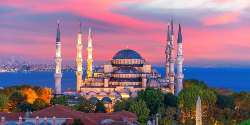 Blue mosque at sunset.