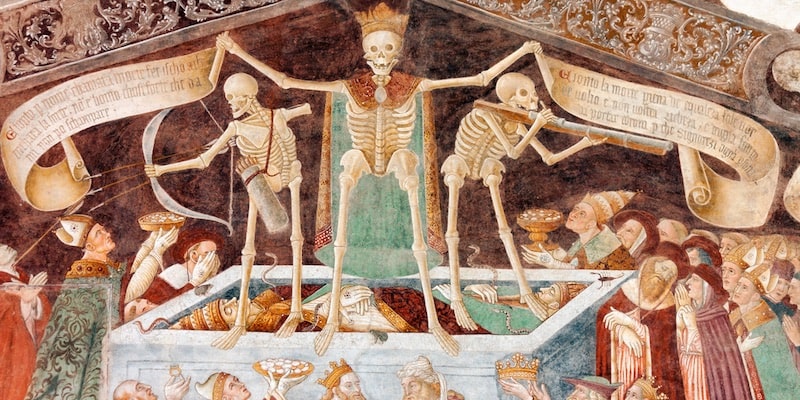 A medieval fresco shows the Danse Macabre and The Triumph of Death.