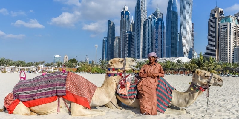 A Bedouin rests with his camel on the sand while the skyscrapers of Dubai can be seen behind him.