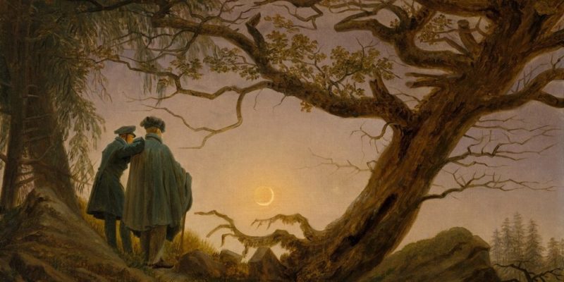 Painting of two men in a forest observing the moon.