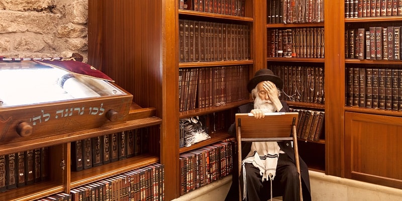 A rabbi studies the Tanakh in an extensive library.