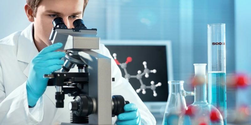 a researcher looks through a microscope